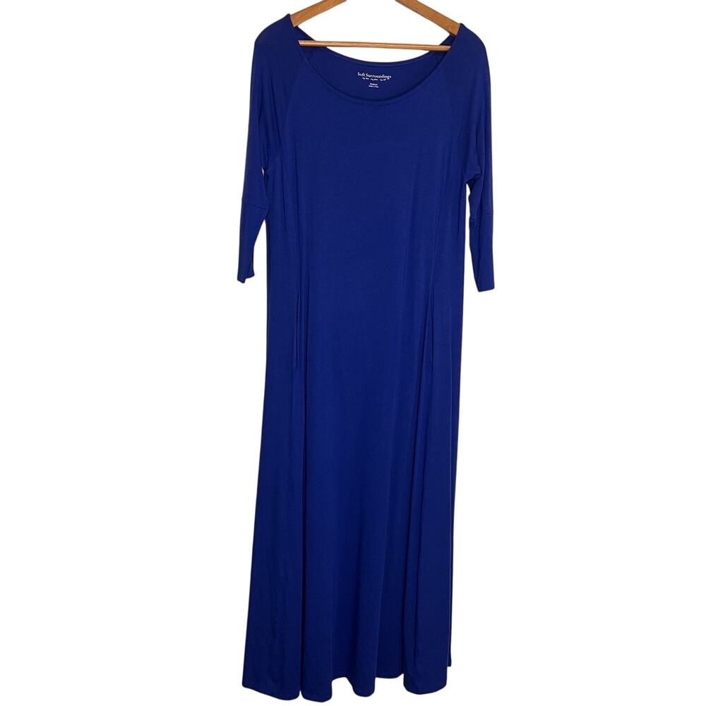 Soft Surroundings Maxi Dress Size M Cobalt Blue 3/4 Sleeves Button Pockets NWOT